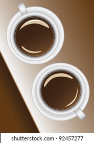 two white cups with black coffee on the table top view