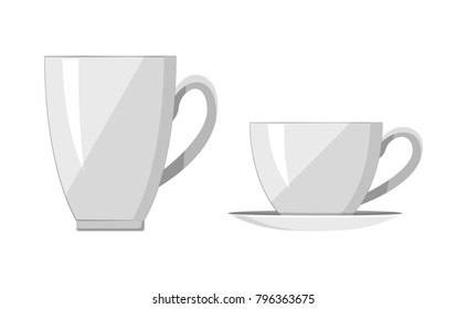 Two white cups, bright banner, vector illustration of various build bowls with curved handles, light reflections, small plate under the second tea-cup