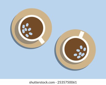 Two white cups of coffee, top view, on beige background. Americano, espresso, hot drink. Vector illustration