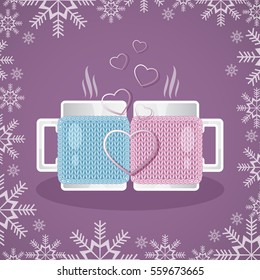 Two white cups in knitted covers, filled with a hot drink. The composition of the thin purple hearts. Background with snowflakes. The concept of warm winter and Valentine's Day. Vector illustration