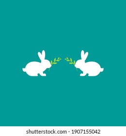 two white cute bunnies with green twigs. Peace, nature  icon. rabbits couple. vector illustration isolated on blue background. St. Valentine, happy Easter card