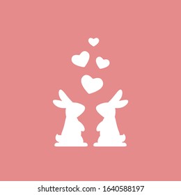 two white cute bunnies with hearts. Love, romantic, amour icon. rabbits couple. vector illustration isolated on pink background. St. Valentine card