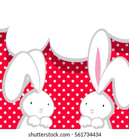 Two white cute rabbit with big ears pink nose, congratulates Easter, Birthday or other holiday. Pink halftone background. Vector festive hand drawn illustration. Comic bubble, empty balloon