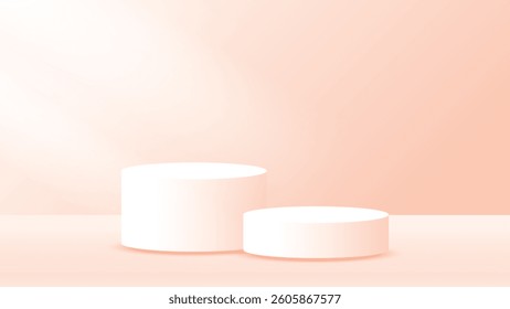 Two white cylindrical pedestals on a soft peach background. 3D rendered illustration with a minimalist aesthetic. Suitable for product display mockups, showcasing items in a clean, modern setting.