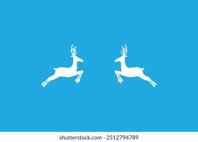 Duas silhuetas de veado branco saltando sobre um fundo azul sólido em um design minimalista e simétrico.