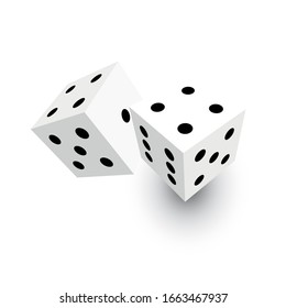 Two white dice with black dots. 3D vector object with dropped shadow.