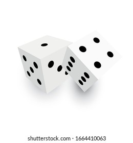 Two white dice with black dots. 3D vector object with dropped shadow.