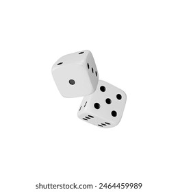 Two white dice with black dots. Vector illustration of 3D dice icons with smooth edges and realistic reflections, showing different numbers. Ideal for casino, gaming, and chance-themed designs