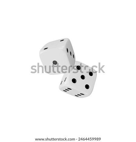 Two white dice with black dots. Vector illustration of 3D dice icons with smooth edges and realistic reflections, showing different numbers. Ideal for casino, gaming, and chance-themed designs