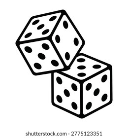 Two white dice featuring black pips arranged in a gambling configuration. This simple, clean black and white icon represents luck, chance, probability, and board games.