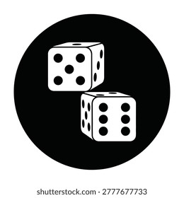 Two white dice on black circle background, simple gaming luck concept