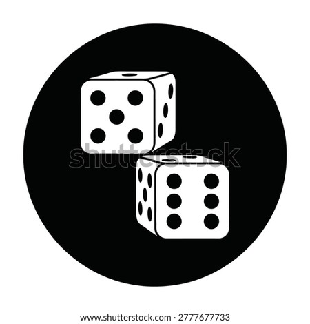 Two white dice on black circle background, simple gaming luck concept