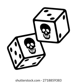Dos dados blancos con calaveras y puntos. Dados de cráneo, donde la cara de un punto es reemplazada por la cabeza de una muerte. Objetos lanzables, para generar valores aleatorios. Ilustración aislada en blanco y negro. Vector