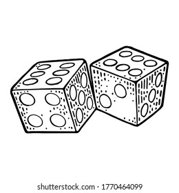 Two white dice. Vintage black vector engraving illustration. Isolated on white background. Hand drawn design element