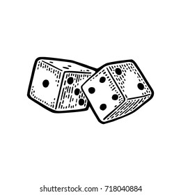 two white dice. Vintage black vector engraving illustration. Isolated on white background.