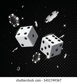 Two white dices casino background isolated on black background