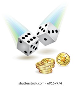 Two white dices with jets and lucky gold coins