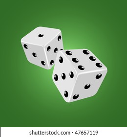 Two white dices on the green background
