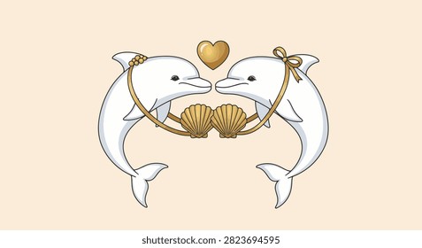 Two white dolphins facing each other with gold heart, seashells, and bow adornments in a clean vector illustration style on a beige background, symbolizing romance and love.