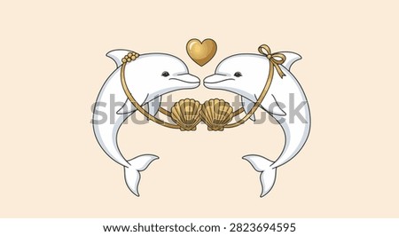 Two white dolphins facing each other with gold heart, seashells, and bow adornments in a clean vector illustration style on a beige background, symbolizing romance and love.