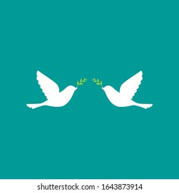 Two white dove birds with green branches or sprigs on blue background.  Spring vector illustration.  Peace day greeting card.