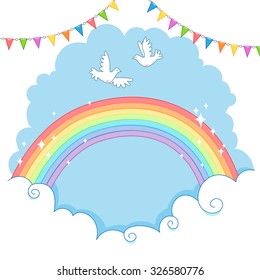 Two white dove flying in the sky over the rainbow. 