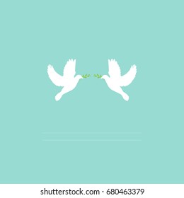 Two white dove with green olive sprig on light turquoise background with lines for text.  Peace vector illustration.  International Peace day greeting card.