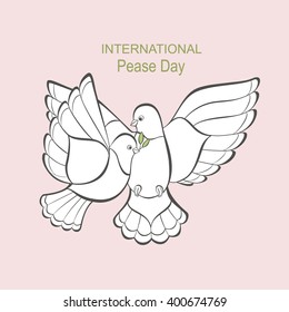 Two white dove with an olive branch for international day world. Vector art isolated on background.