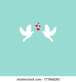 Two white dove with red hearts on light turquoise background.  Saint Valentine vector illustration.  Romantic greeting card. Love symbol.