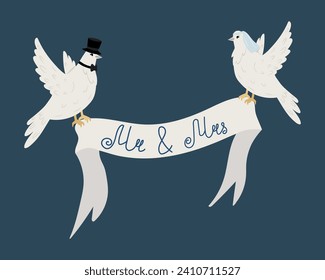 Two white doves, a dove in a veil and a pigeon in a hat holding a wedding ribbon with the inscription Mr. and Mrs. on a dark blue background.