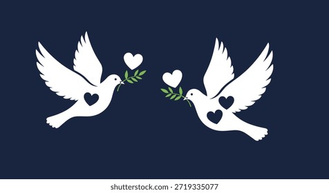 Dos palomas blancas volando sobre un fondo azul oscuro llevando ramas de olivo y rodeadas de Pequeñas Formas de corazón.