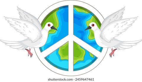 Dos palomas blancas volando alrededor de un símbolo de paz