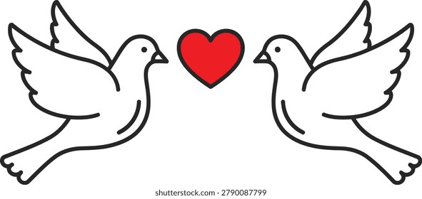 Two white doves flying together with a red heart symbol