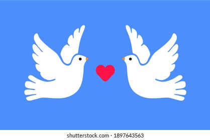Two white doves with heart on blue background. Vector isolated.