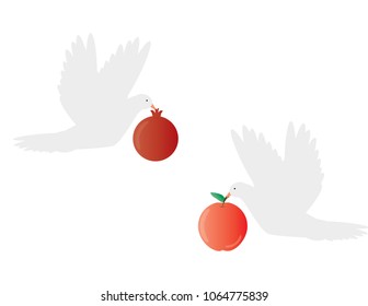 Two White doves holding apple and pomegranate