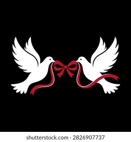 Two white doves holding a red ribbon bow