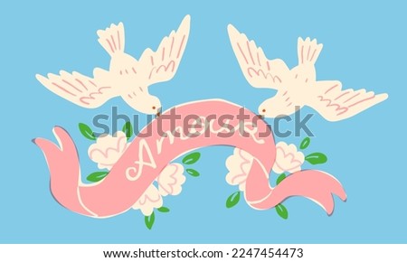 Two white doves holding a ribbon. Romantic vector illustration for the Valentine's Day or a wedding. Banner, flyer or invitation template in cute vintage style.