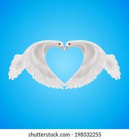 Two white doves makes form of the heart in sky