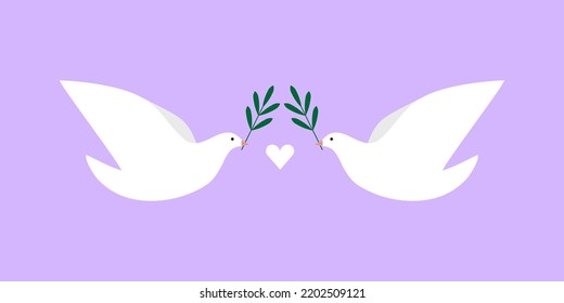 Two white doves with olive branches around the heart shape. Peace symbols. Concept of non violence, tolerance, equality. Horizontal violet banner. Vector illustration, flat design