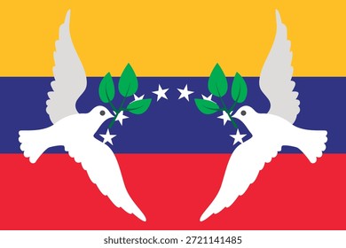 Dos palomas blancas con ramas de olivo ondeando frente a la bandera nacional venezolana como símbolo de paz