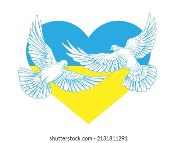 Two white doves on the background of the Ukrainian flag. 