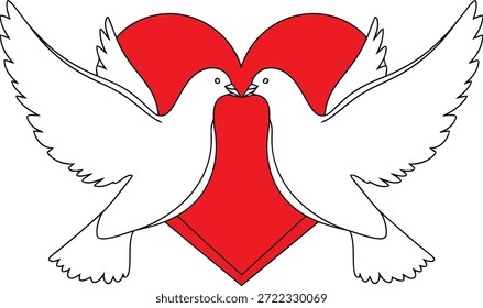 Two white doves with outstretched wings are depicted in a stylized graphic with black outlines. They are positioned in front of a large red heart shape.