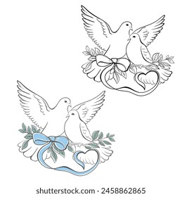 Two white doves pigeons in love, couple of doves on a green branch with a blue bow. Monochrome black illustration on transparent background