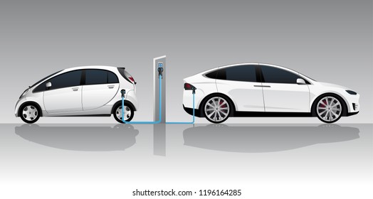 Two white electric cars with charging station. Vector illustration EPS 10