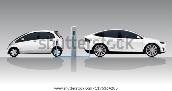 Two white electric cars with charging station. Vector\
illustration EPS 10
