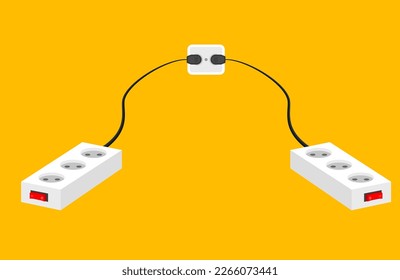 two white electrical extension cords with three outlets plugged into a central electrical outlet