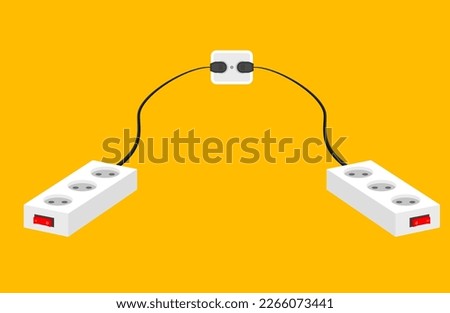 two white electrical extension cords with three outlets plugged into a central electrical outlet
