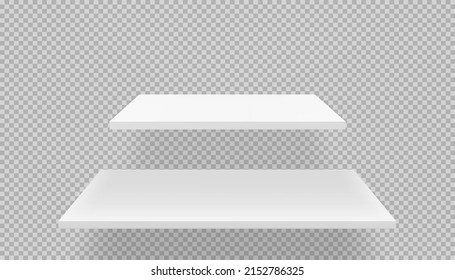 Two white empty book shelves on transparent background. Bookshelves with shadows. Vector illustration of 3D realistic blank storage or product display mockup. Template for exposition or retail