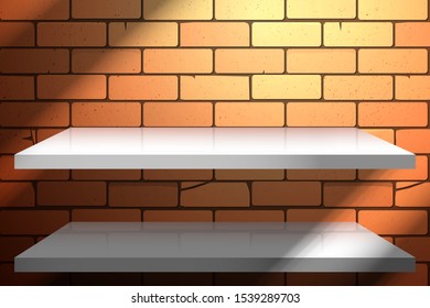 Two white empty shelves on a red brick wall. Mockup for design with realistic oblique shadows from the window