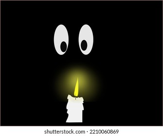 Two white eyes in the dark behind a burning wax candle